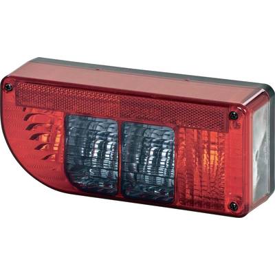 Feu arrière de véhicule rectangulaire rouge avec lentilles rouges et transparentes, présenté en gros plan sur fond blanc.