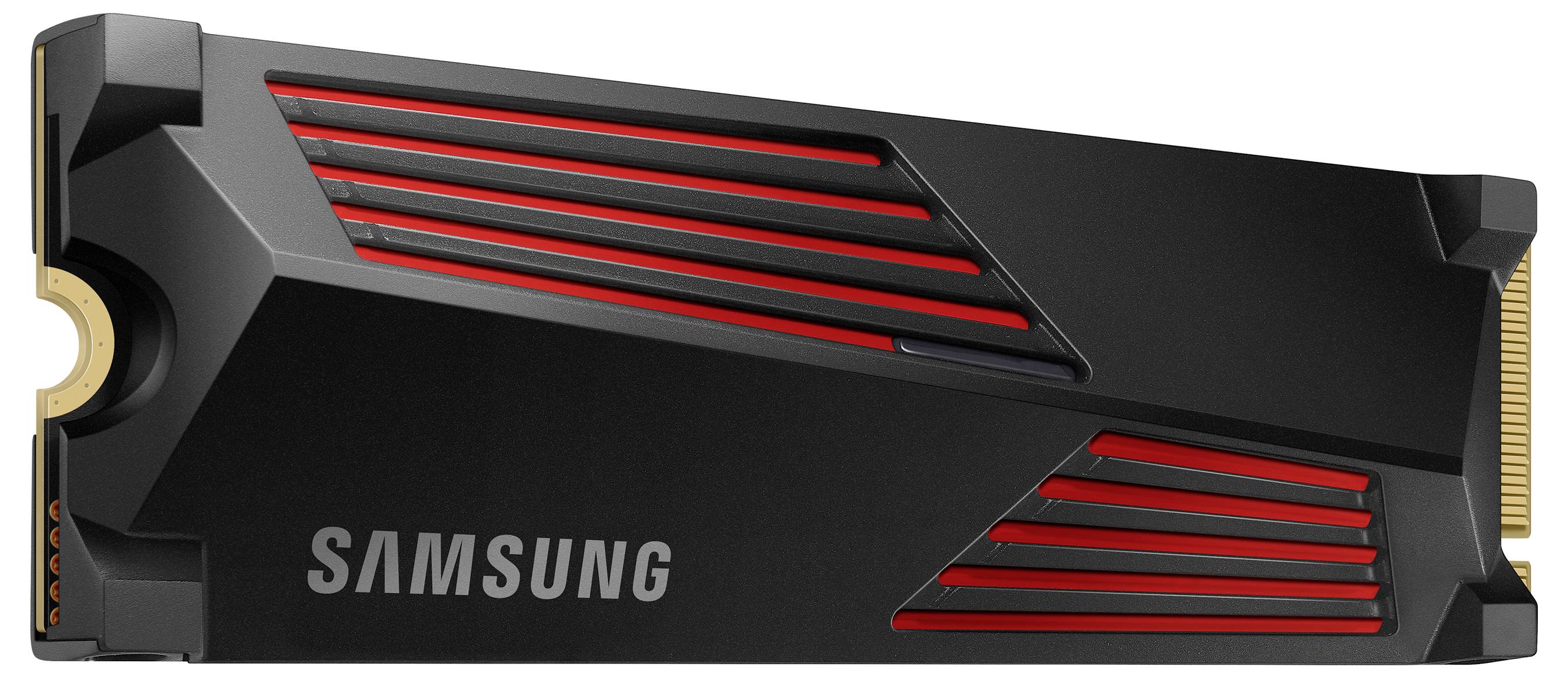 Un SSD Samsung au design élégant noir et rouge, présentant des motifs angulaires. Utilisé pour le stockage de données haute vitesse dans les ordinateurs.