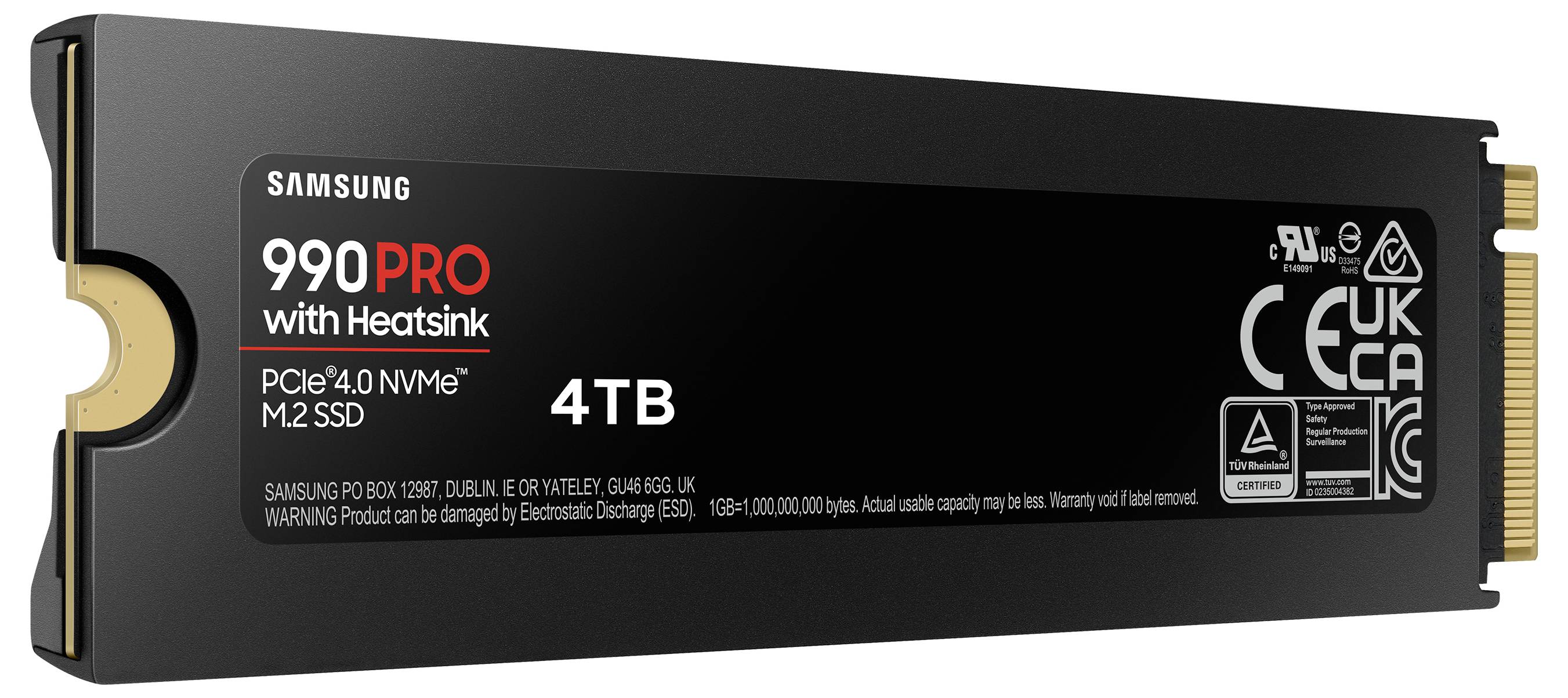 SSD Samsung 990 PRO 4TB avec dissipateur thermique, PCIe 4.0 NVMe M.2, forme rectangulaire noire, marquage et certifications visibles.