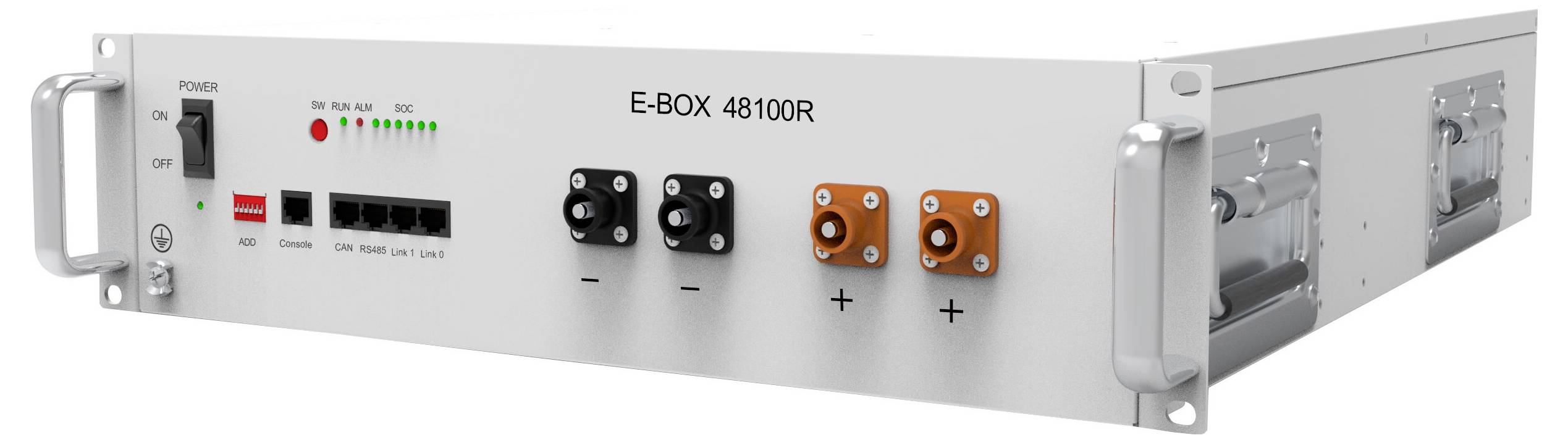 Vue de face d'une unité de puissance en rack 'E-BOX 48100R' avec diverses connexions d'entrée/sortie et indicateurs sur un panneau blanc.