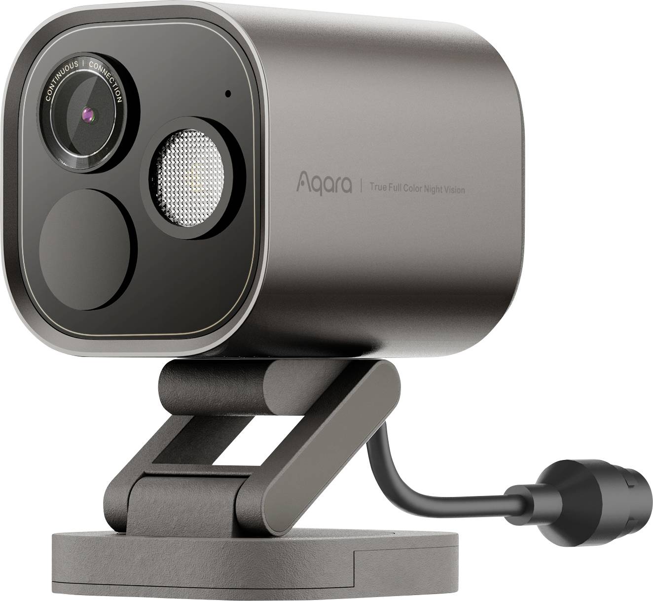 Une caméra de sécurité Aqara gris foncé sur un support pivotant, étiquetée avec 'Vision nocturne couleur véritable', conçue pour la surveillance intérieure.
