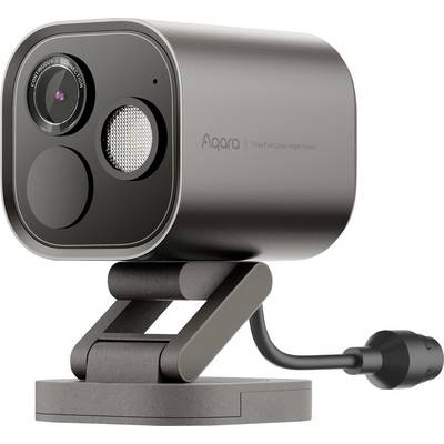 Une caméra de sécurité Aqara gris foncé sur un support pivotant, étiquetée avec 'Vision nocturne couleur véritable', conçue pour la surveillance intérieure.