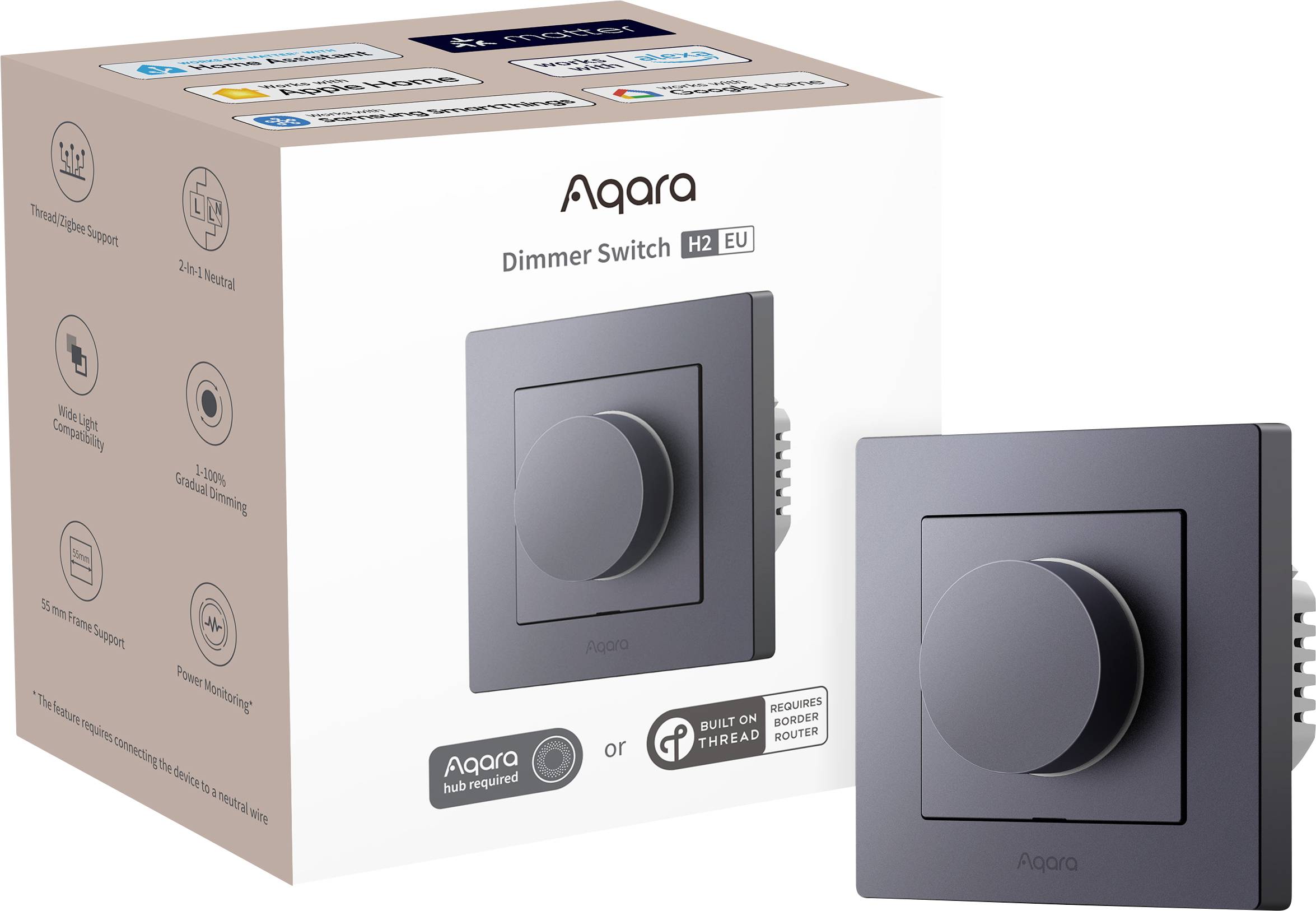 Interrupteur Variateur Aqara H2 EU, avec un cadran sombre et nécessitant un hub Aqara ou un Hub Routeur Frontière Thread compatible, présenté dans son emballage.