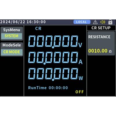 Affichage 'MODE CR' montrant la tension (V), l'ampérage (A) et la puissance (W) tous à 0. Durée d'exécution à 00:00:00 et réglage de la RÉSISTANCE à 0010,00 Ω.