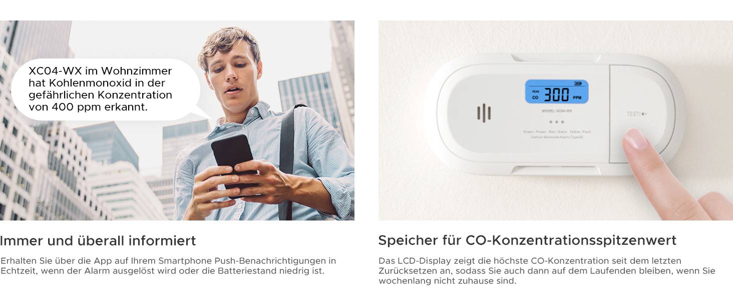 'Le XCO4-WX dans le salon a détecté du monoxyde de carbone à une concentration dangereuse de 400 ppm.' Un homme regarde son smartphone. À droite, un détecteur de CO affiche 300 ppm.