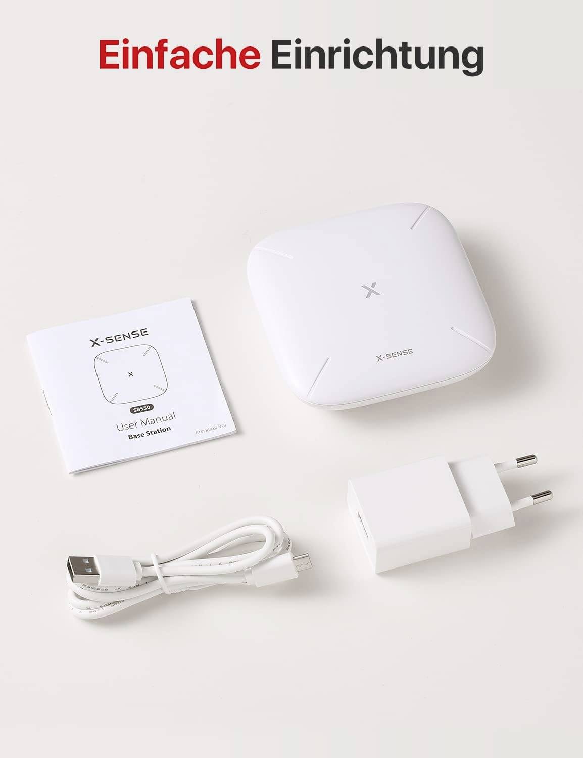Appareil 'X-Sense' avec manuel d'utilisation, câble USB et adaptateur de charge sur fond clair. Texte : 'Configuration simple'.