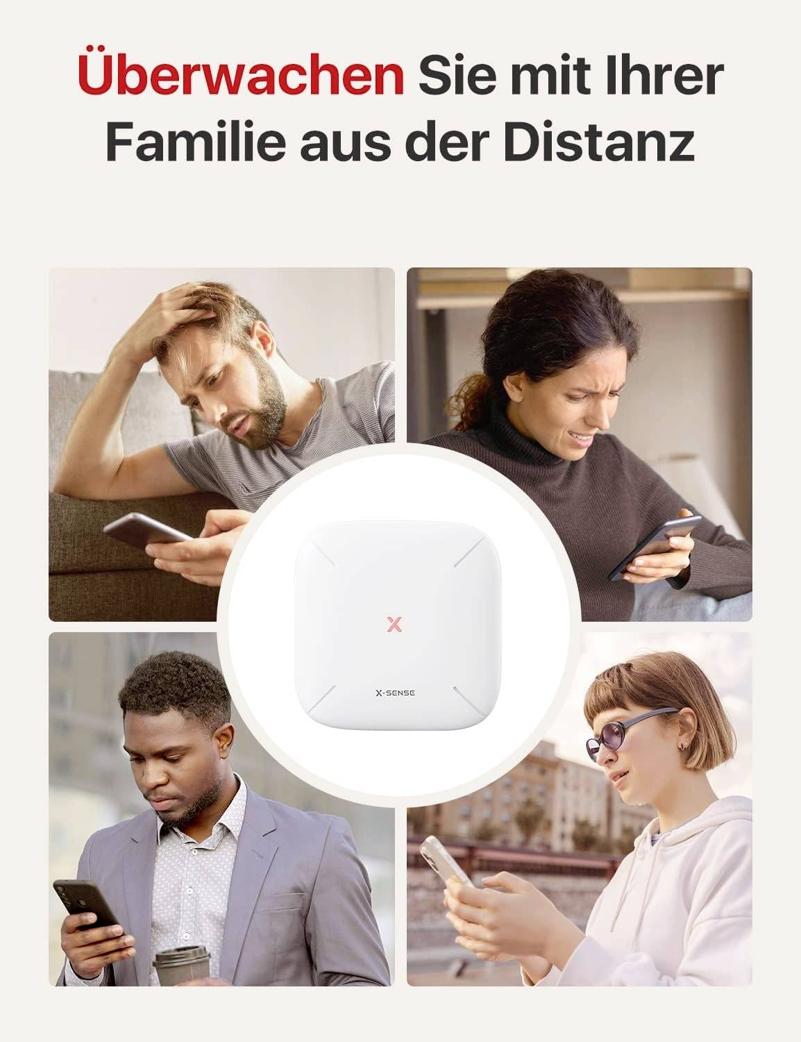 Quatre personnes regardent leurs appareils mobiles, illustration centrale d'un dispositif de surveillance. Texte : 'Surveillez à distance avec votre famille'.