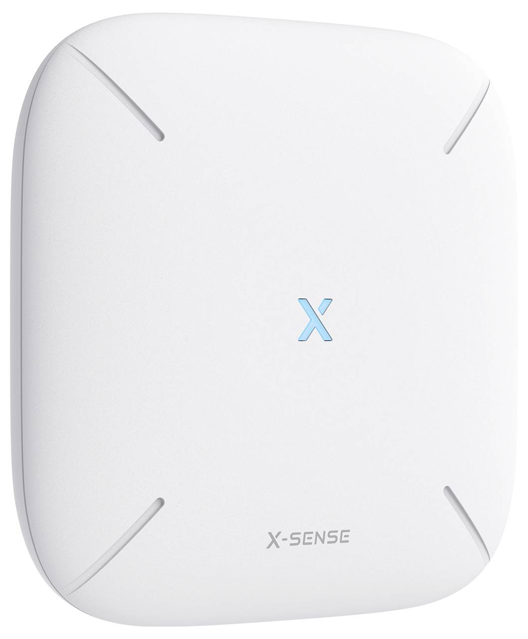 Détecteur mural blanc X-Sense avec un 'X' bleu au centre, utilisé pour la détection ou la surveillance.
