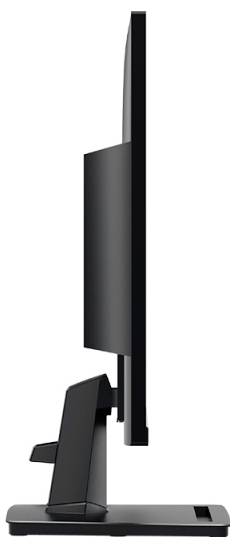 Vue latérale d'un écran d'ordinateur fin et moderne sur un support, mettant en valeur son profil élancé et son design minimaliste.