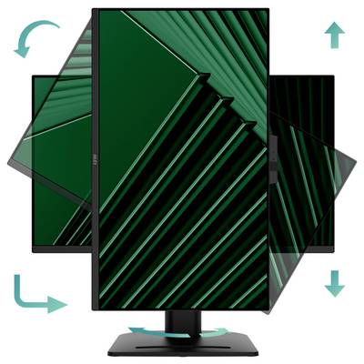 Un moniteur doté d'un support flexible est présenté, capable de pivoter horizontalement et verticalement, s'adaptant à différents angles de vue.