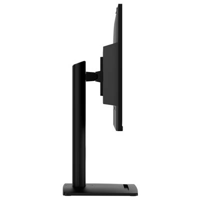 Profil latéral d'un moniteur d'ordinateur noir sur un support, présentant son design fin et sa fonctionnalité de réglage en hauteur.