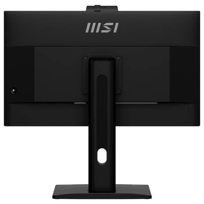 L'image montre la vue arrière d'un moniteur informatique noir MSI sur un support, mettant en évidence le logo de la marque et l'alignement vertical du moniteur.