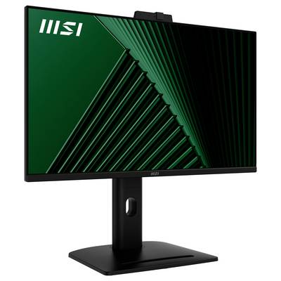 Un écran MSI élégant au design minimaliste, avec un écran sombre traversé de lignes géométriques vertes. Le pied est noir et rectangulaire.