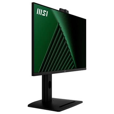 Un écran d'ordinateur avec un socle noir élégant, affichant un motif géométrique vert. Le logo MSI est situé dans le coin supérieur gauche de l'écran.