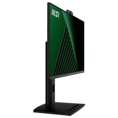 Un écran d'ordinateur noir élégant au design minimaliste est dressé sur une base rectangulaire, affichant un motif géométrique vert.