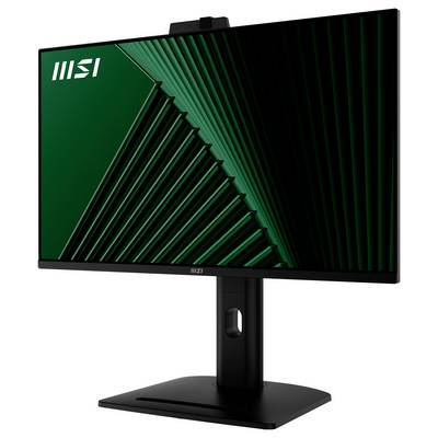 Un écran d'ordinateur MSI moderne affichant un motif géométrique vert.
