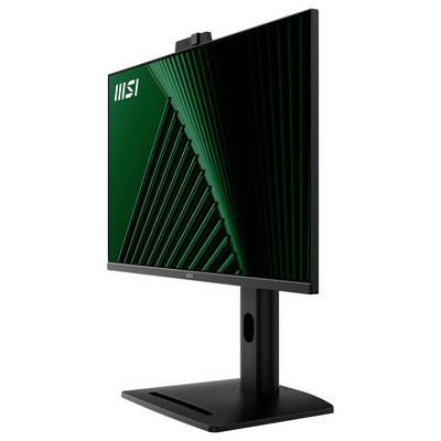 Un moniteur d'ordinateur élégant et incliné affichant un motif géométrique vert. Le moniteur dispose d'un cadre fin et repose sur un support réglable et haut.