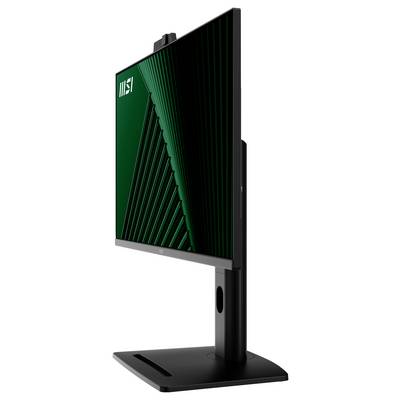 Vue latérale d'un moniteur d'ordinateur noir moderne sur un support, présentant un design élégant et fin, avec un motif géométrique vert à l'écran.