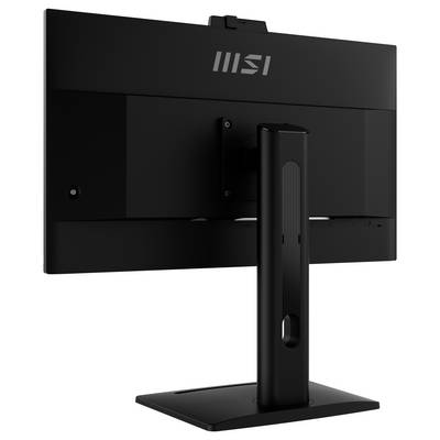 Un moniteur d'ordinateur noir avec un support rectangulaire vu de dos, présentant un design simple avec le logo MSI en haut.