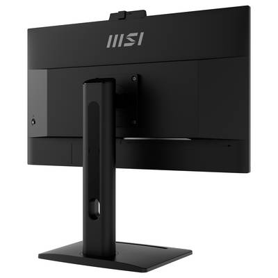 Vue arrière d'un moniteur MSI noir sur un support, montrant le logo de la marque, les évents et les ports.
