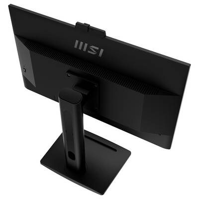 Un moniteur d'ordinateur noir vu de dos, monté sur un support solide avec une base rectangulaire. Le logo de la marque est visible à l'arrière.