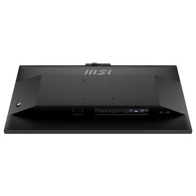 Vue arrière d'un moniteur noir MSI présentant divers ports, notamment HDMI, DisplayPort, USB et prises audio.