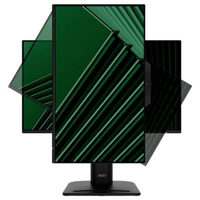 Un moniteur avec un support pivotant affiche un motif géométrique vert, démontrant sa capacité de rotation horizontale et verticale.