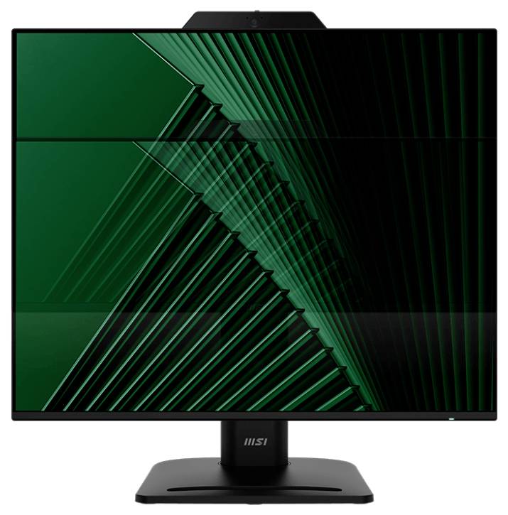 Un moniteur d'ordinateur élégant et moderne avec un fin cadre affichant des lignes géométriques abstraites vertes et noires, positionné sur un support minimaliste.