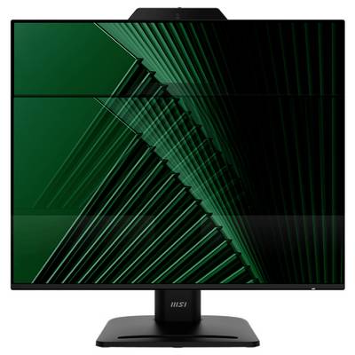 Un moniteur d'ordinateur élégant et moderne avec un fin cadre affichant des lignes géométriques abstraites vertes et noires, positionné sur un support minimaliste.