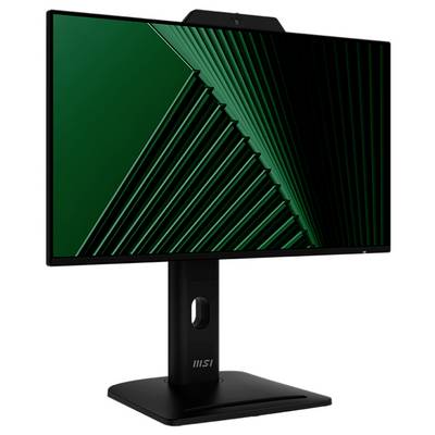 Un moniteur d'ordinateur noir avec un design géométrique vert à l'écran, monté sur un socle carré portant l'étiquette « MSI ».