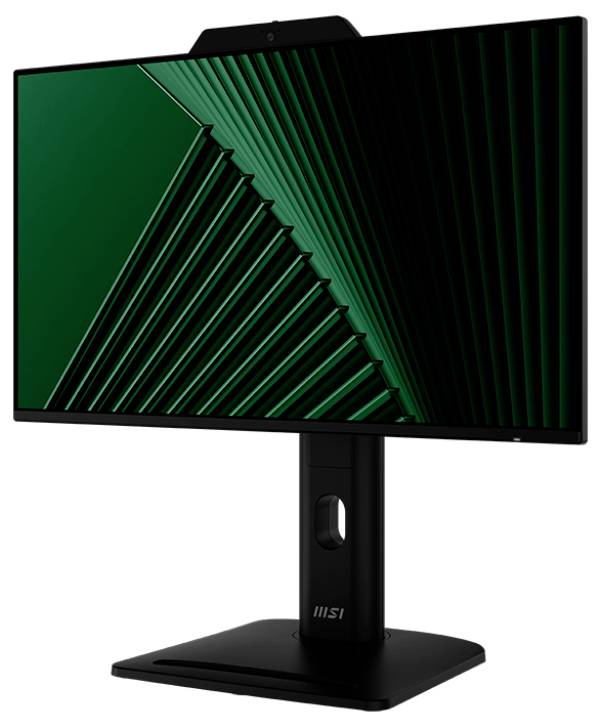 Un moniteur MSI noir au design moderne et épuré, affichant un motif géométrique vert sur son écran.
