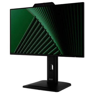 Un moniteur MSI noir au design moderne et épuré, affichant un motif géométrique vert sur son écran.