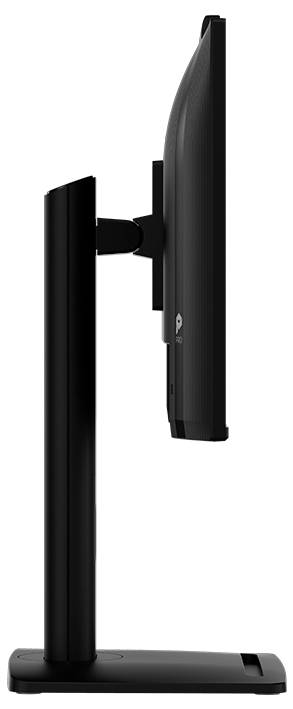 Un écran d'ordinateur fin vu de profil, monté sur un support ajustable noir, mettant en valeur son design élégant et sa silhouette minimaliste.