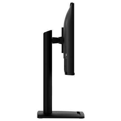 Un écran d'ordinateur fin vu de profil, monté sur un support ajustable noir, mettant en valeur son design élégant et sa silhouette minimaliste.