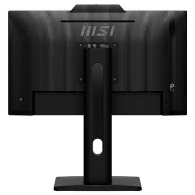 Un écran d'ordinateur noir avec un support robuste, vu de dos, affichant le logo de la marque 'MSI'.