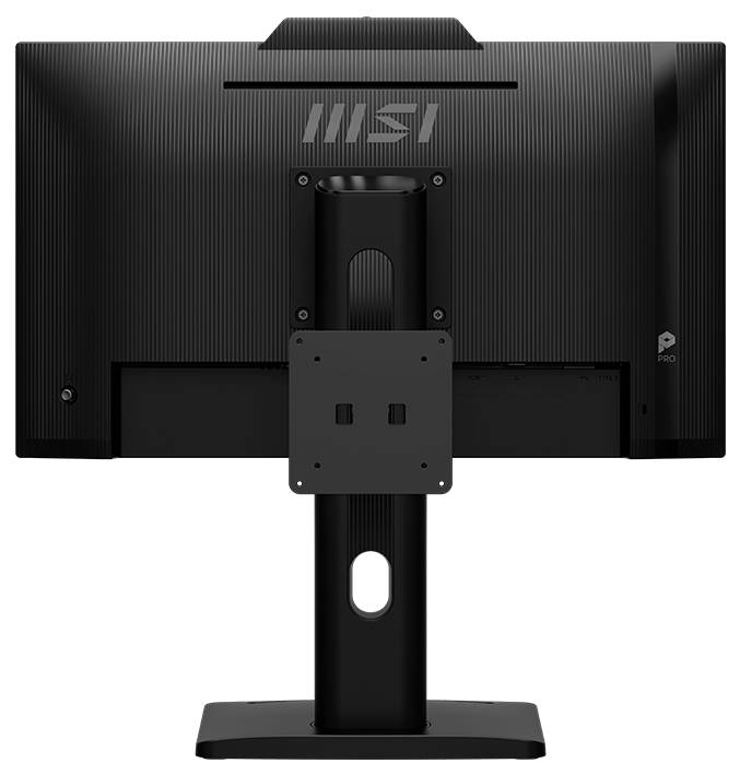 Un moniteur d'ordinateur noir avec le logo de la marque à l'arrière, monté sur un support robuste. Le design présente des rainures verticales.