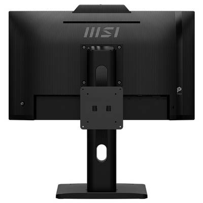 Un moniteur d'ordinateur noir avec le logo de la marque à l'arrière, monté sur un support robuste. Le design présente des rainures verticales.