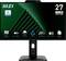 Un moniteur MSI de 27 pouces affichant des icônes pour la certification TÜV, l'angle de vue IPS, une webcam intégrée, EyesErgo, un taux de 120 Hz, des haut-parleurs intégrés.