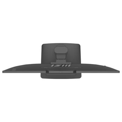 Vue aérienne d'un écran d'ordinateur noir portant l'étiquette « MSI » au dos, mettant en valeur son profil mince et son support de montage.
