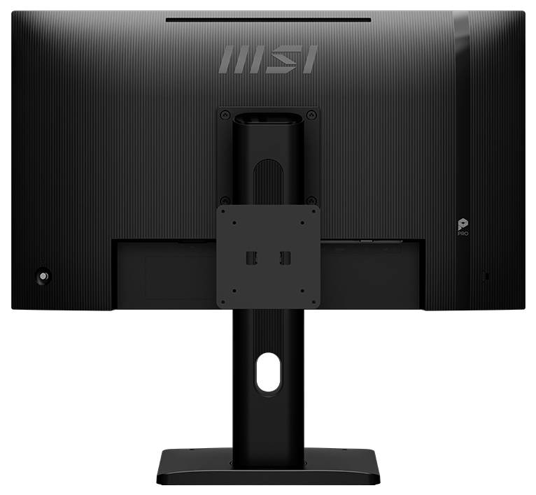 L'image montre la vue arrière d'un écran d'ordinateur noir MSI sur un support, mettant en valeur son design élégant et son bras de support.