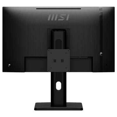 L'image montre la vue arrière d'un écran d'ordinateur noir MSI sur un support, mettant en valeur son design élégant et son bras de support.