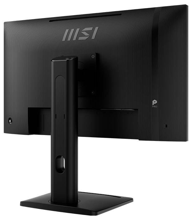 Un moniteur d'ordinateur noir avec un support réglable, vu de dos, affichant le nom de la marque près du sommet.