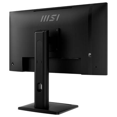 Un moniteur d'ordinateur noir avec un support réglable, vu de dos, affichant le nom de la marque près du sommet.