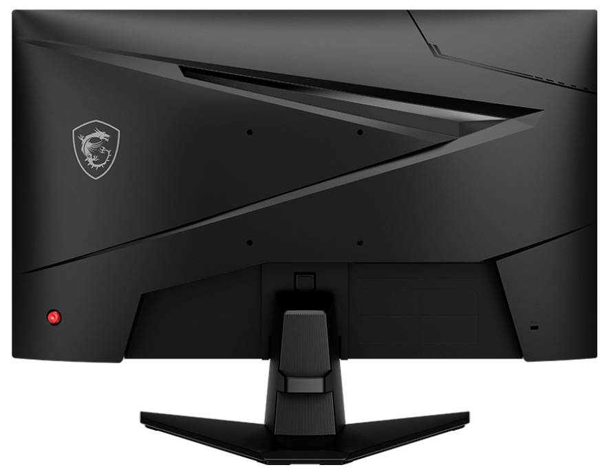 Un moniteur d'ordinateur noir élégant vu de dos, présentant des lignes de design anguleuses et pointues avec un voyant de mise sous tension rouge.