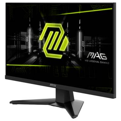 Un écran de jeu affichant le logo 'MAG MSI Arsenal Gaming' avec des éléments de design futuristes en vert et noir sur l'écran.