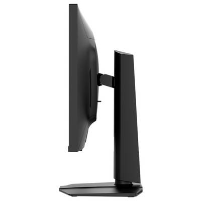 Vue de côté d'un écran d'ordinateur noir moderne et fin sur son support, montrant sa conception compacte et sa fonctionnalité d'inclinaison réglable.
