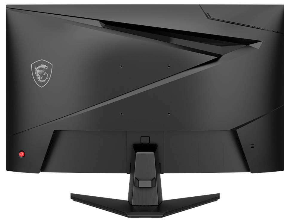 Un moniteur d'ordinateur noir vu de dos, présentant un design géométrique et un logo sur le côté gauche. Le moniteur est doté d'un support robuste.