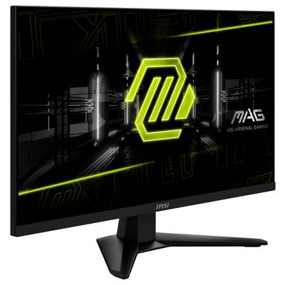Un écran de gaming noir affichant un logo néon futuriste sur l'écran, avec le texte « MSI Arsenal Gaming » visible dans le coin.