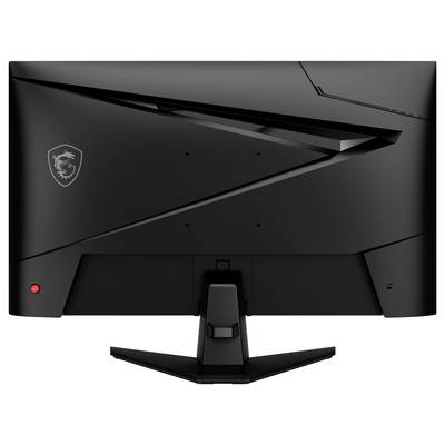 Un moniteur d'ordinateur noir vu de dos, présentant un design dynamique avec des lignes anguleuses et un indicateur LED rouge dans le coin inférieur gauche.