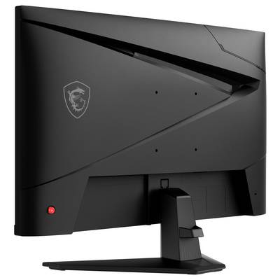 Un moniteur d'ordinateur noir avec un logo de dragon au dos, un design anguleux et une base robuste.